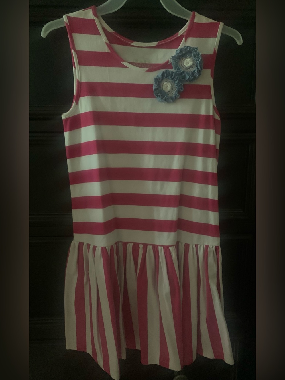 Girls Pink and White Striped Sleeveless Dress with Floral Accent